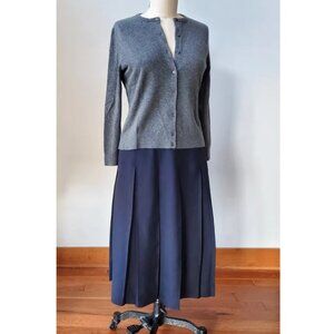 90's Talbots Preppy Navy Blue Pleated Linen Midi Skirt with Side Buttons Size 10